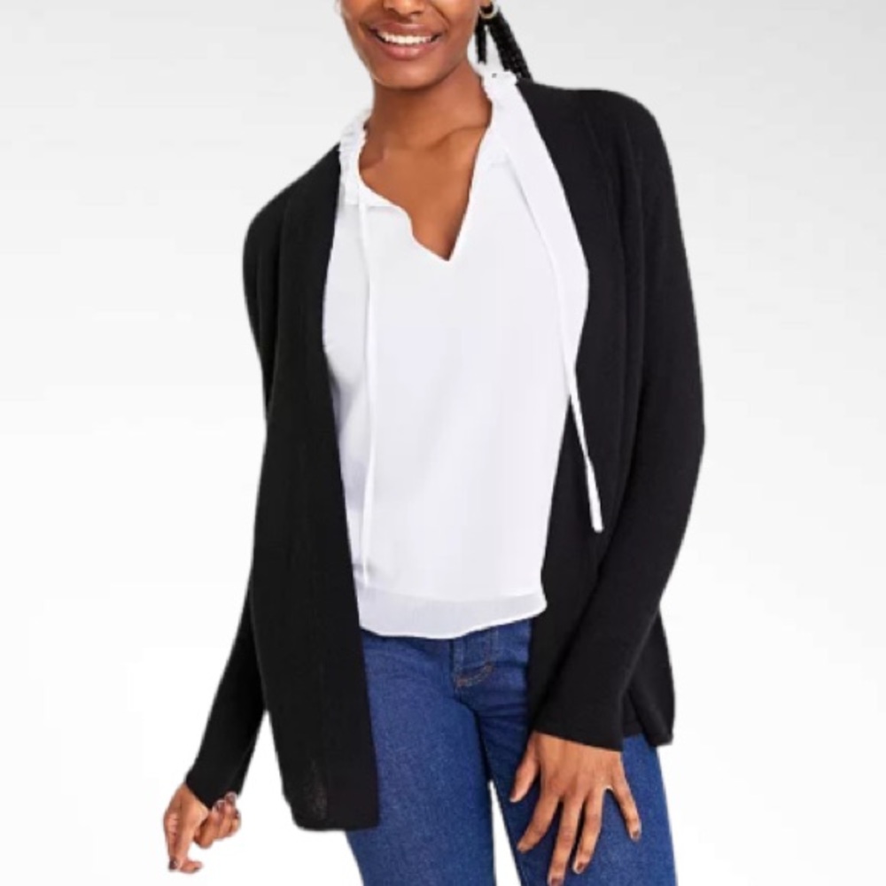 CHARTER CLUB 100% CASHMERE BLACK CARDIGAN DUSTER SIZE PM